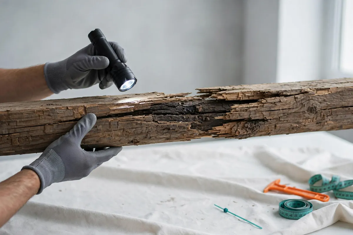 Inspecting damaged wood