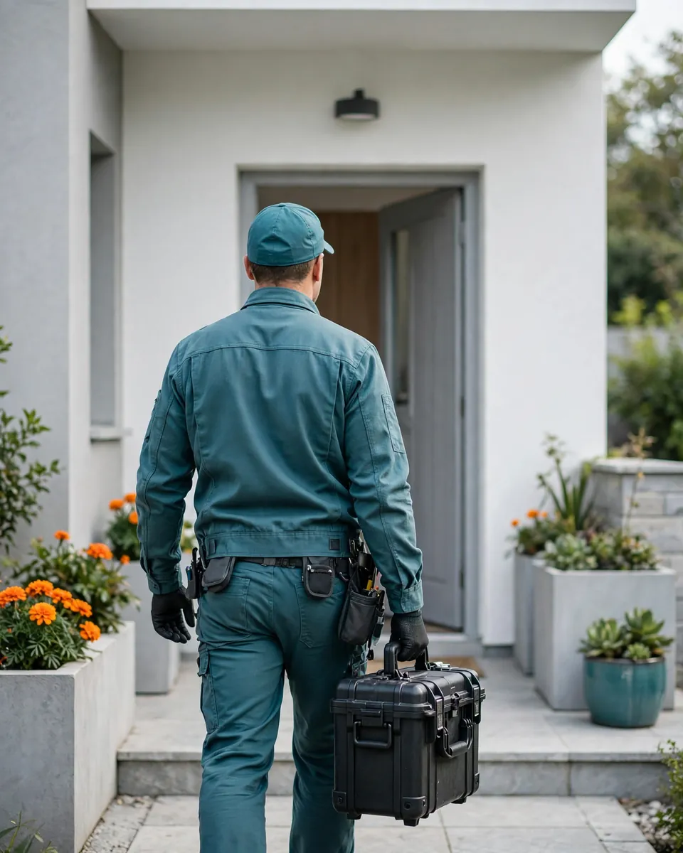 A technician walking to a house