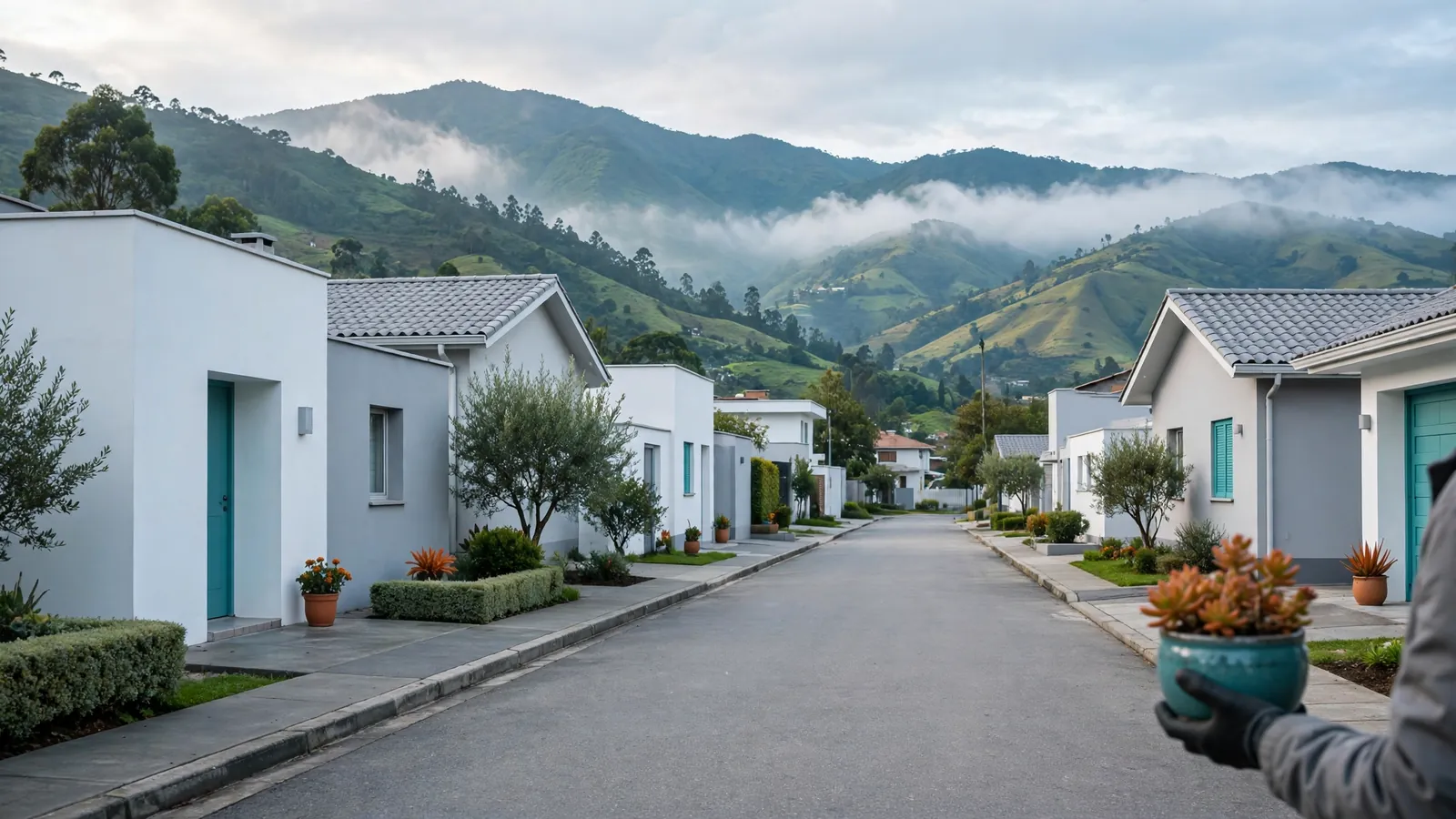 A residential street with mountains behind